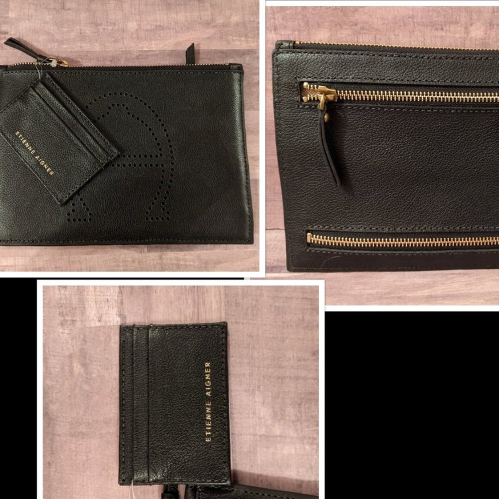 Etienne Aigner Stella Medium Black Leather Clutch Large Wristlet Bag Zippers NWT